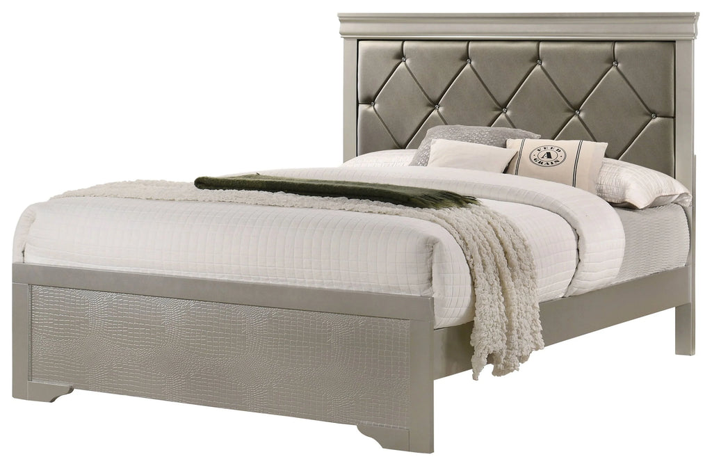 Silver Finish King Size Panel Upholstered Bed Dresser Mirror Nightstand Chest Set O4599