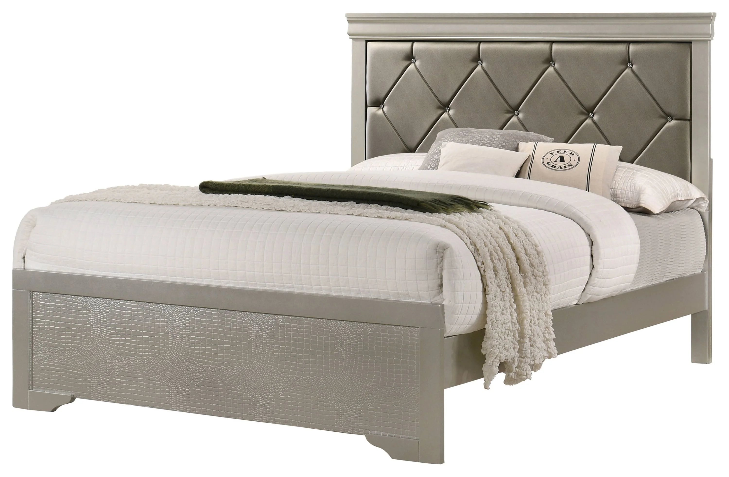 Silver Finish King Size Panel Upholstered Bed Dresser Mirror Nightstand Chest Set O4599