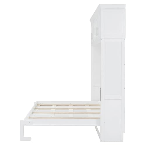 White Queen Size Murphy Wall Bed with Top Cabinets & Wine Rack S66143
