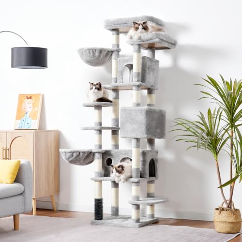 Light Gray 74 inches Multi-Level XL Cat Tree with Three Cat Condos and Two Top Decks B58336