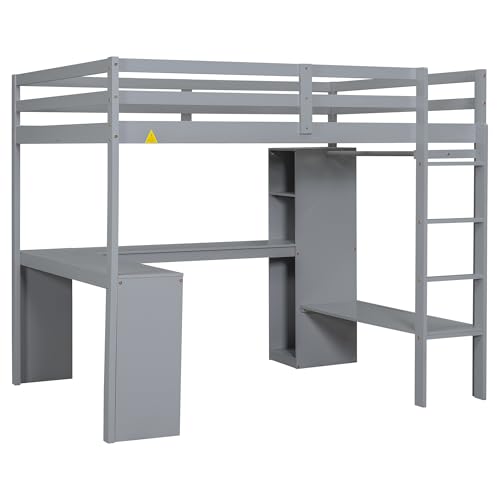 White Full Size Wood Loft Bed with Desk and Wardrobe S15117