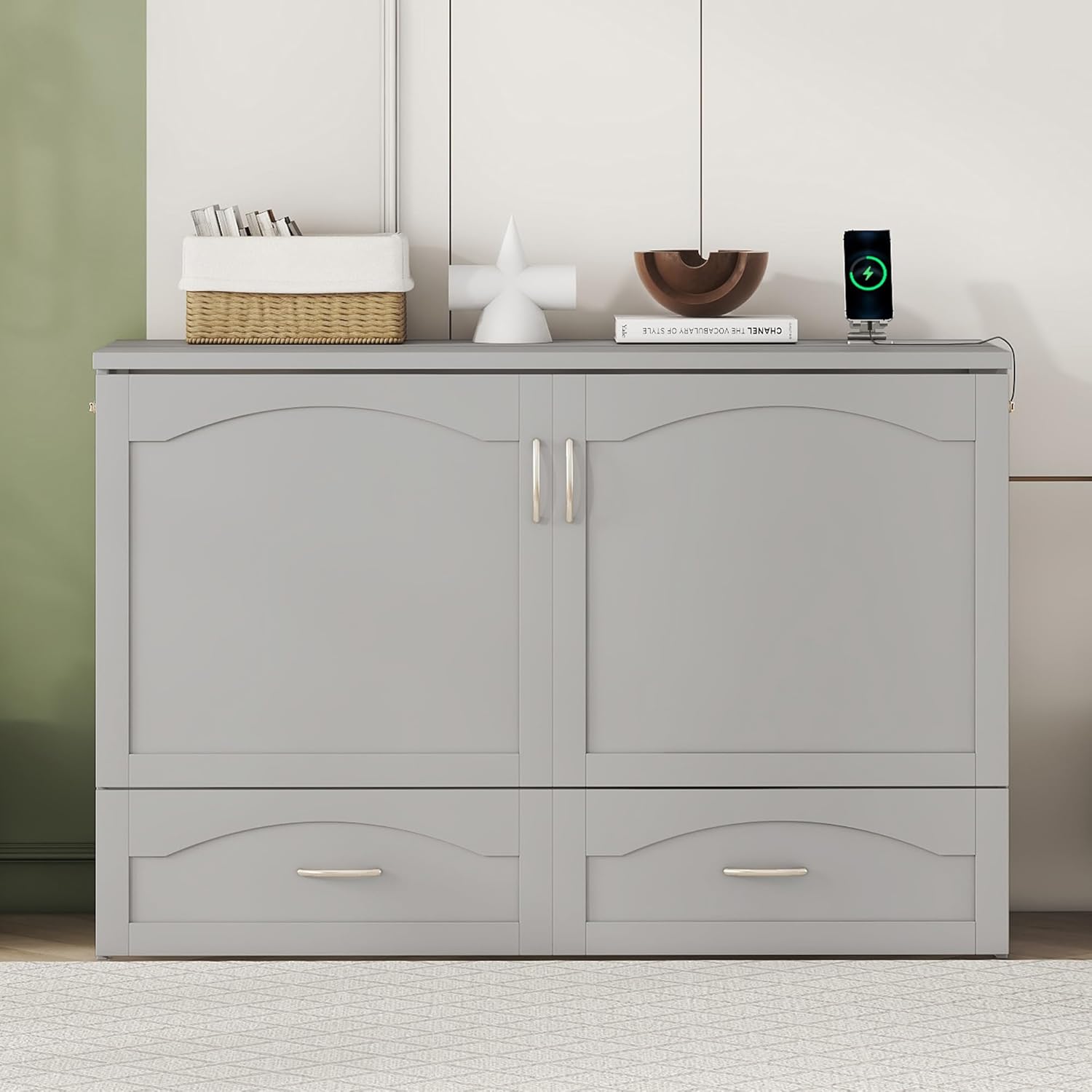 Gray Queen Size Murphy Bed with Storage Drawers P963