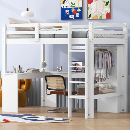 White Full Size Wood Loft Bed with Desk and Wardrobe S15117