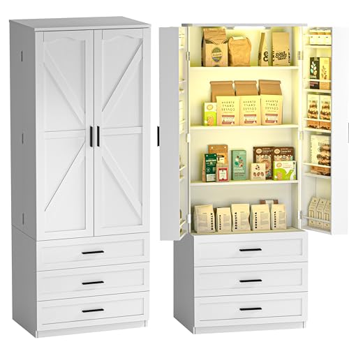 72" LED Kitchen Pantry Cabinet with 3 Drawers Tall Storage Cabinet Wood Food Pantry with Barn Doors and Adjustable Shelves Freestanding Cupboard N450