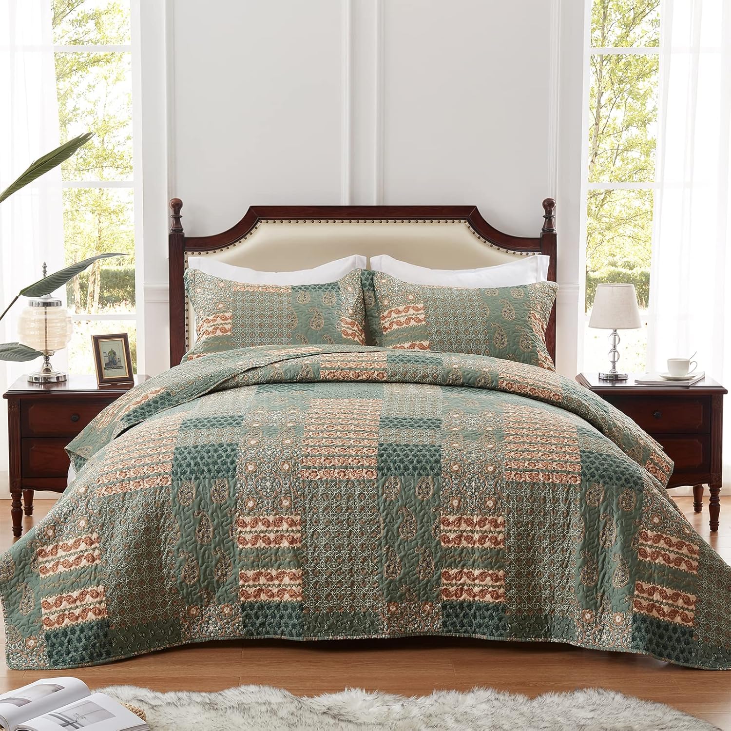 Full/Queen Size Olive Green Floral Paisley Bedding Set with 2 Pillow Shams P68639