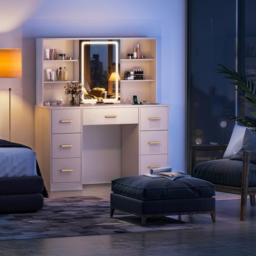White 7 Drawer Vanity Desk with Mirror and Lights Z7077