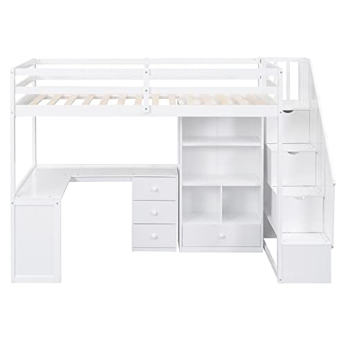 Twin Size Wood Loft Bed with Storage Stairs P64175