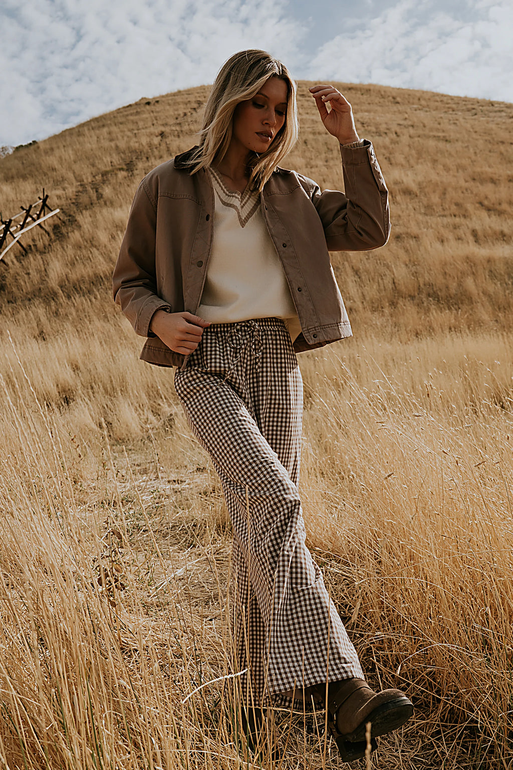 Brown Gingham Wide Leg Pants N24382