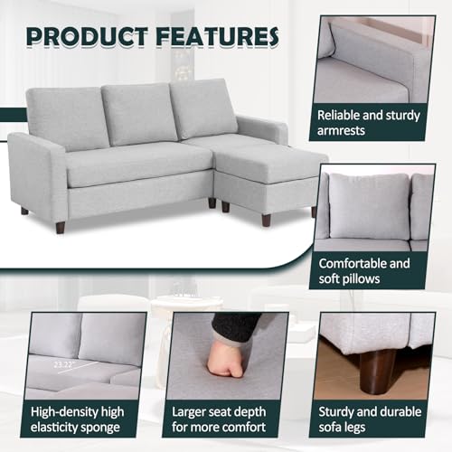 Light Gray Linen L-Shaped Sectional Sofa with Removable Ottoman Q314