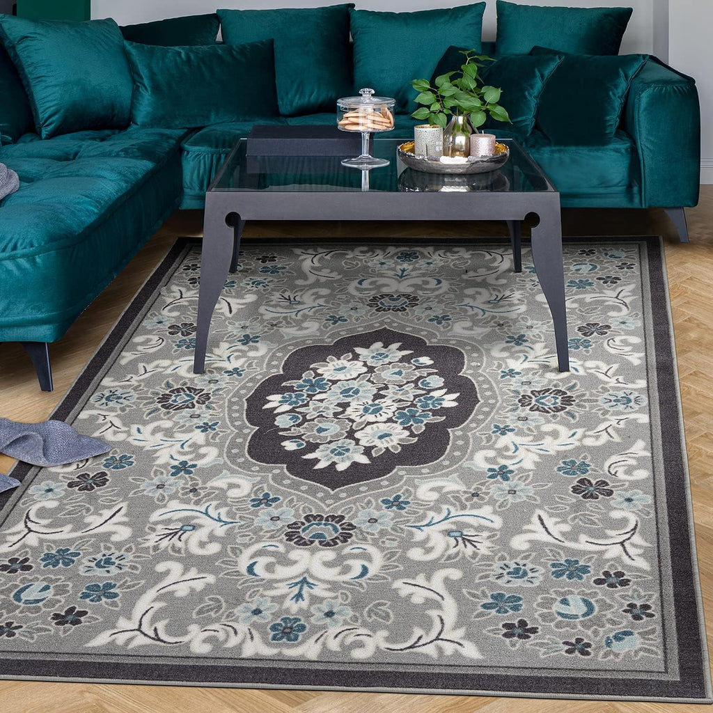 Gray 6'7" x 9' Non-Skid Rubber Backing Floral Area Rug N239