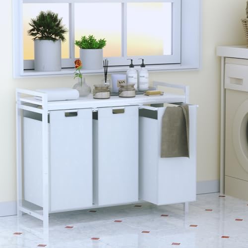White 3 Section Laundry Hamper with 3 Removable Bags Q54552