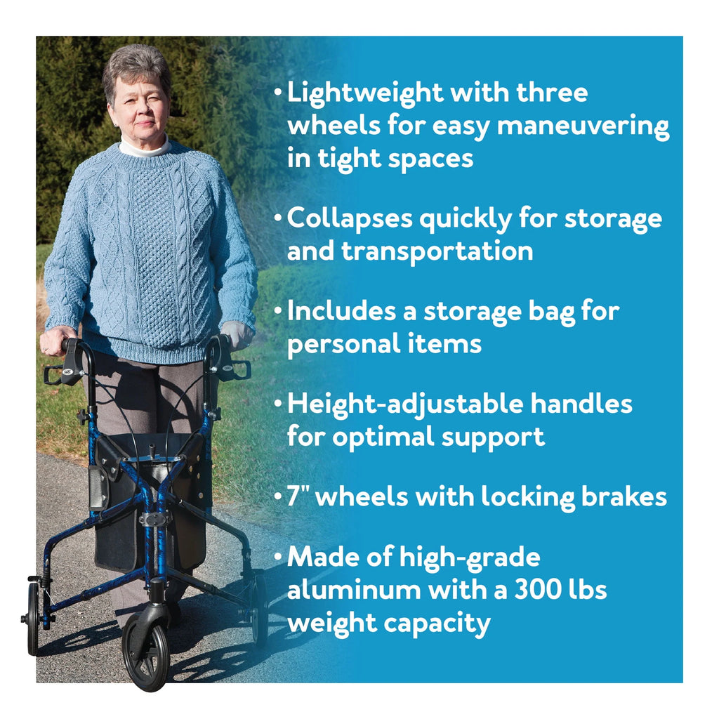 Aluminium 3 Wheel Rollator Walker, Height Adjustable Handles, 250 lb Capacity R929