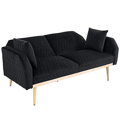 Black Velvet Convertible Sleeper Futon Sofa Bed with Metal Legs U66276