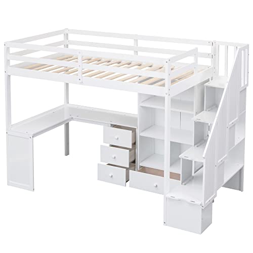 Twin Size Wood Loft Bed with Storage Stairs P64175