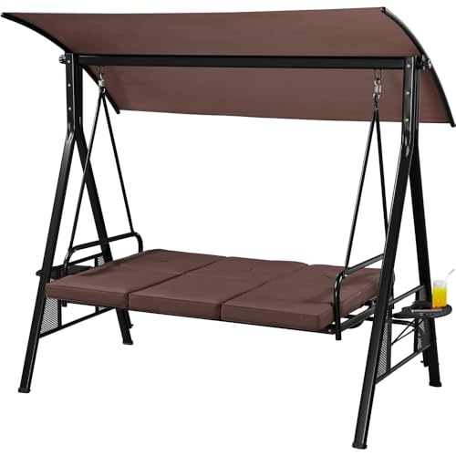 Dark Brown 3-Seat Outdoor Patio Swing with Sunshade D3316