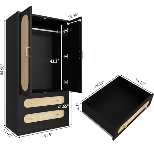 2 Door Rattan Wood Wardrobe with 2 Drawers & Hanging Rail (Black) Y945946