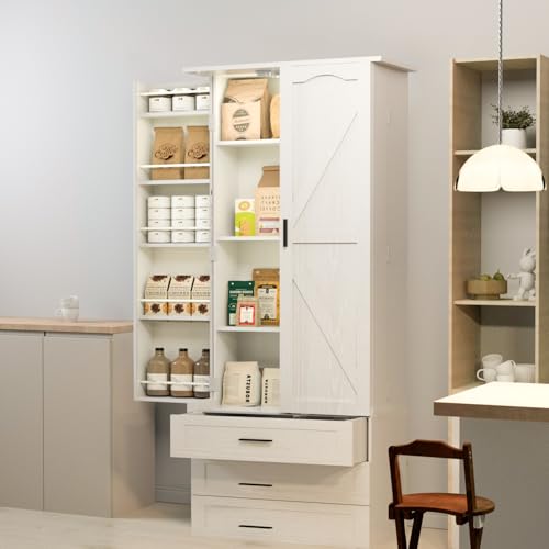 72" LED Kitchen Pantry Cabinet with 3 Drawers Tall Storage Cabinet Wood Food Pantry with Barn Doors and Adjustable Shelves Freestanding Cupboard N450