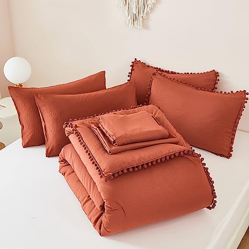 King Size 7 Pieces Terracotta Burnt Orange Comforter Set J43003