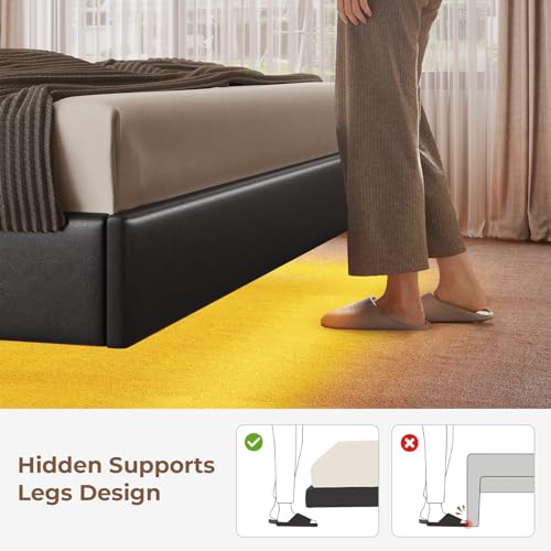 King Size Floating Bed Frame with LED Lights, Faux Leather Upholstered, PU Black B98127