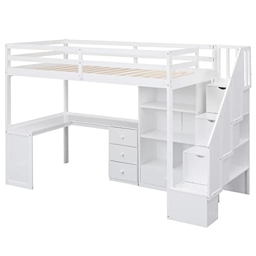 Twin Size Wood Loft Bed with Storage Stairs P64175