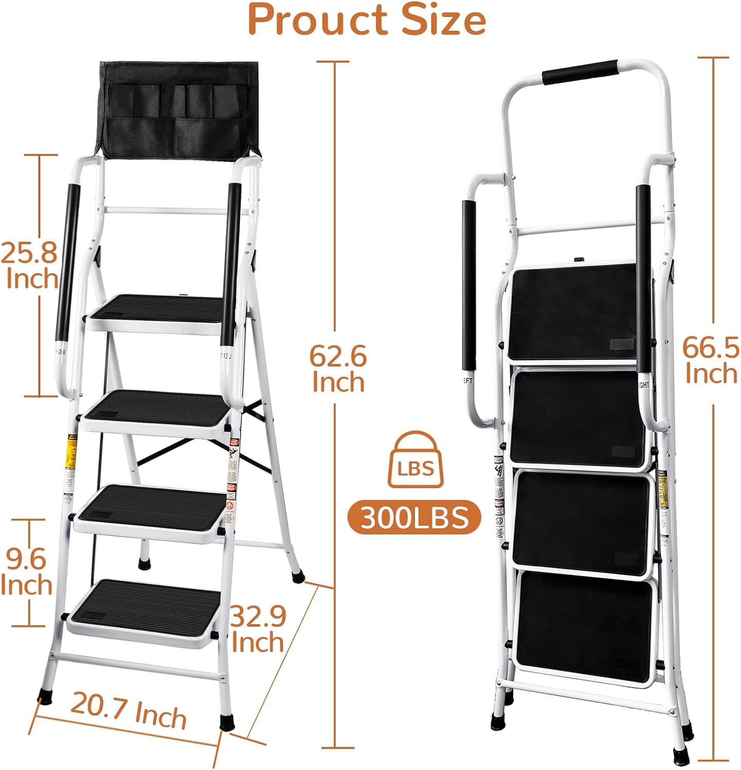 White Steel Step Ladder with Handrails and Tool Bag G82869