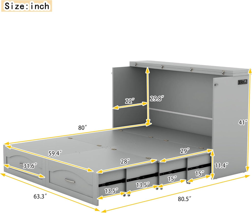 Gray Queen Size Murphy Bed with Storage Drawers P963