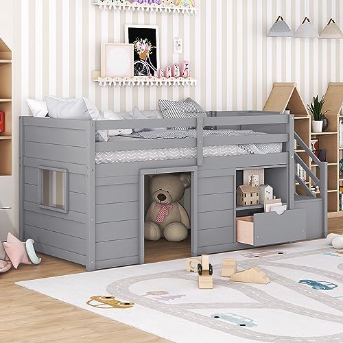 Twin Size Wooden Loft Bed with Stairs, Drawers and Shelves, Grey Z29103