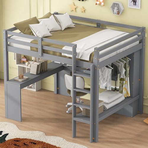 White Full Size Wood Loft Bed with Desk and Wardrobe S15117