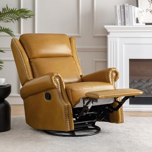 Genuine Leather Swivel Rocker Recliner with Footrest and Lumbar Support A135