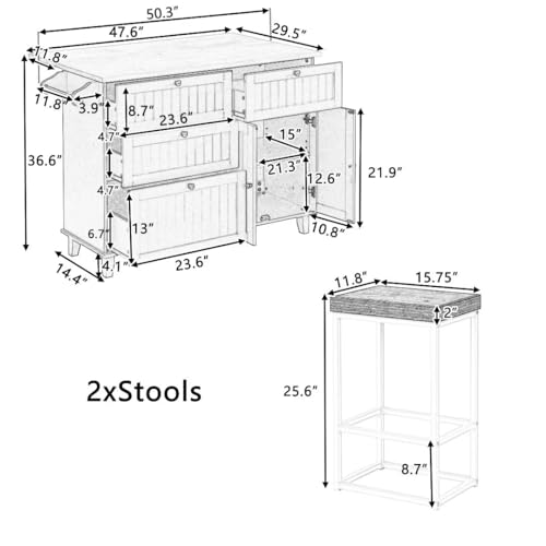 3-Piece White Kitchen Island Set with Storage Cabinet, Drawers and Towel Rack K368