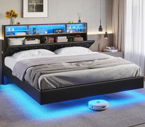 King Size Floating Bed Frame with LED Lights, Faux Leather Upholstered, PU Black B98127