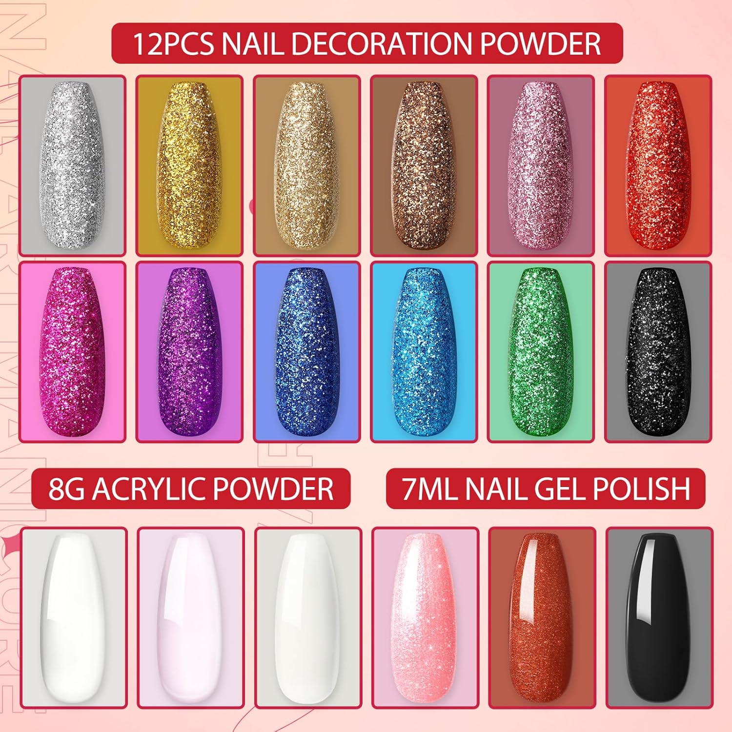 Acrylic Nail Kit with Drill and Nail Lamp 36W 3pcs Gel Polish 12pcs Decoration Powder Manicure Kit H532119