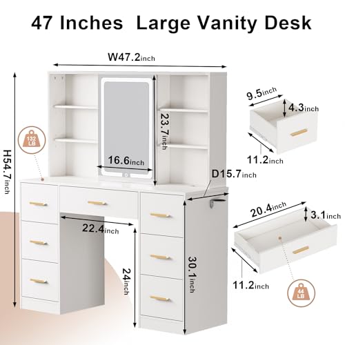 White 7 Drawer Vanity Desk with Mirror and Lights Z7077