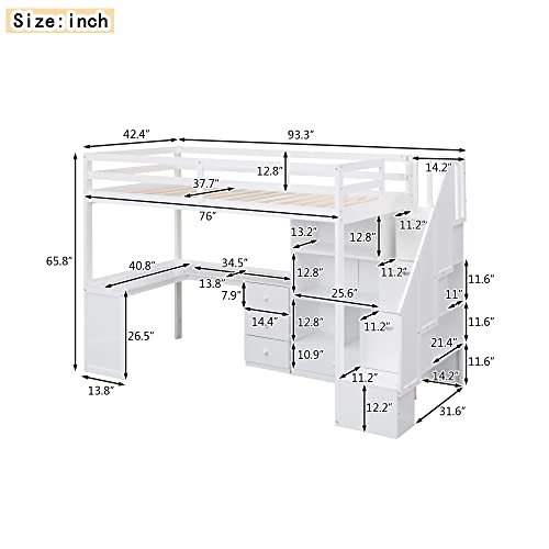 Twin Size Wood Loft Bed with Storage Stairs P64175