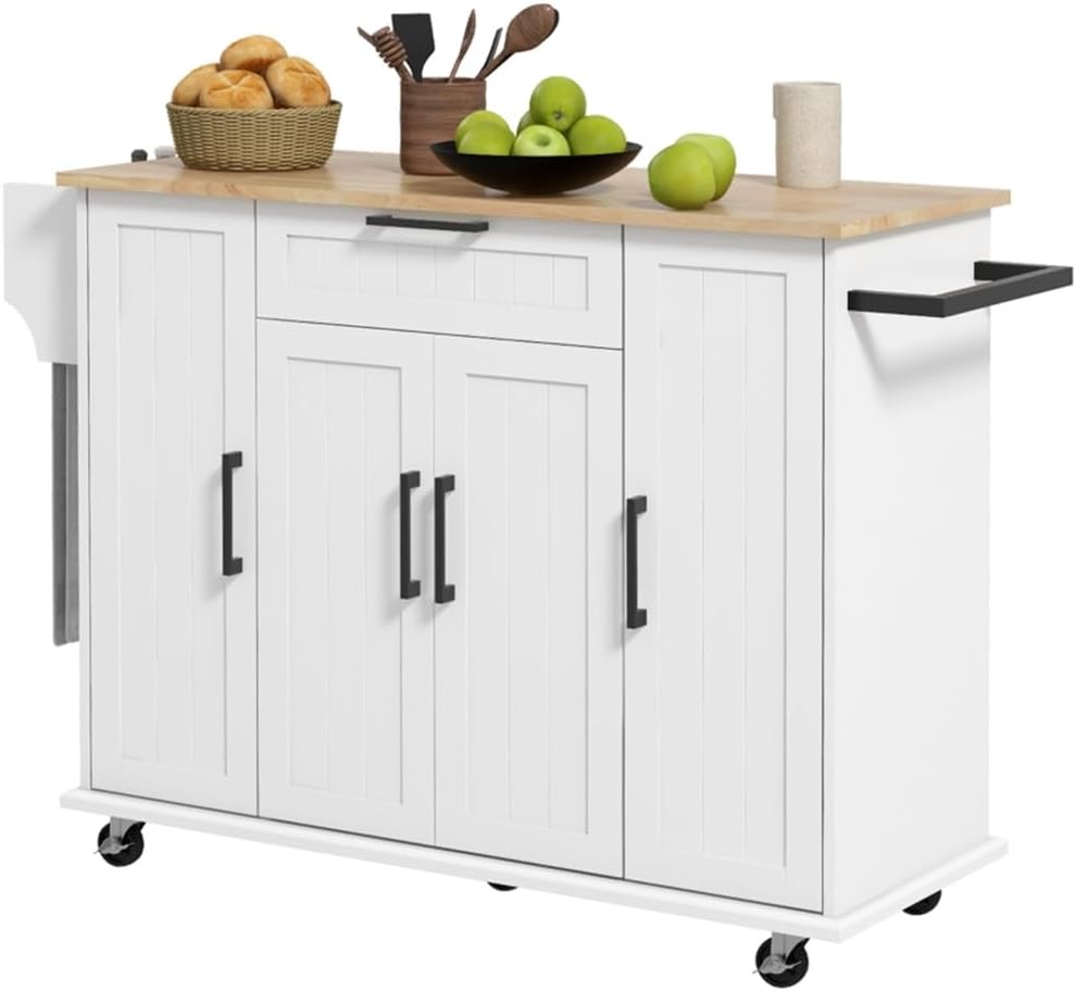 White Rolling Kitchen Island with Solid Wood Drop Leaf L252975