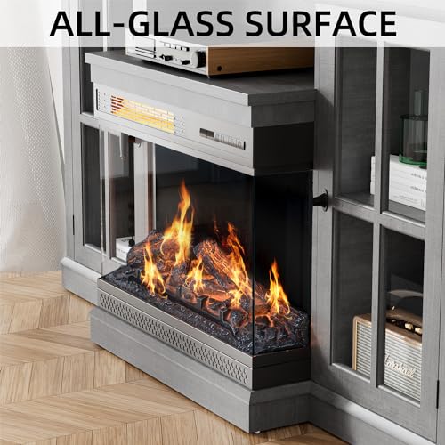 Gray Glass Fireplace TV Stand with Doors J70494