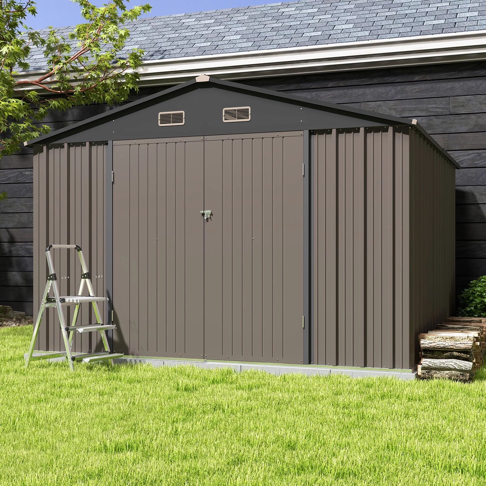 10 x 10 ft Outdoor Storage Metal Shed, Brown G85295