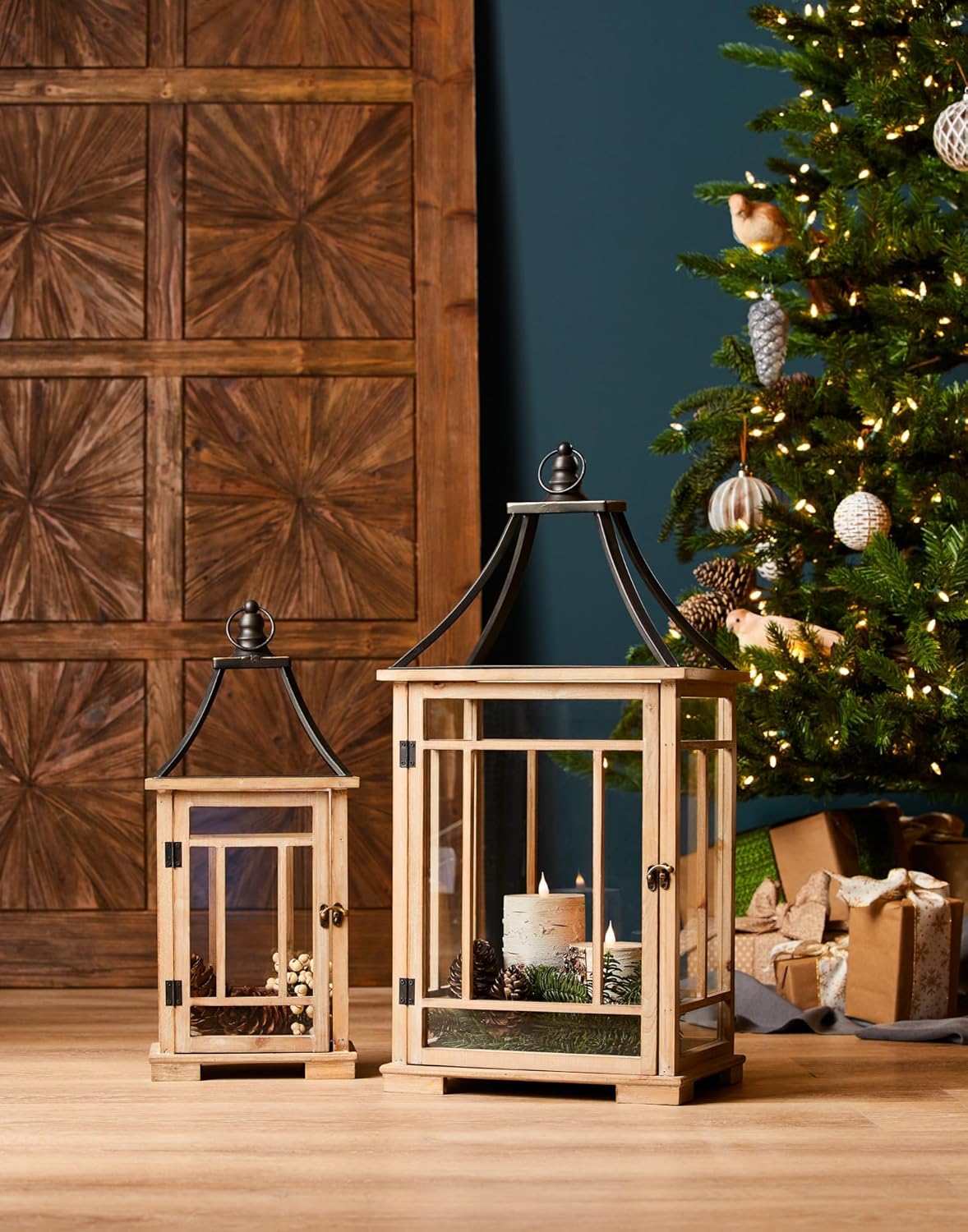 Set of 2 Wood and Metal Candle Lantern L456