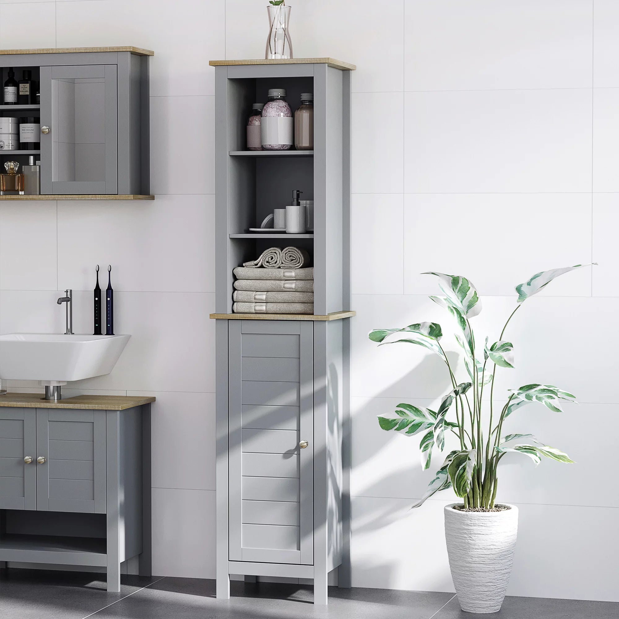 Grey Tall Bathroom Storage Cabinet with 3 Tier Shelf and Door T5481
