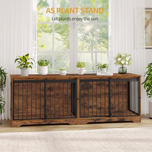 78 Inch Extra Large Double Dog Crate Furniture with Divider, Rustic Brown B24461