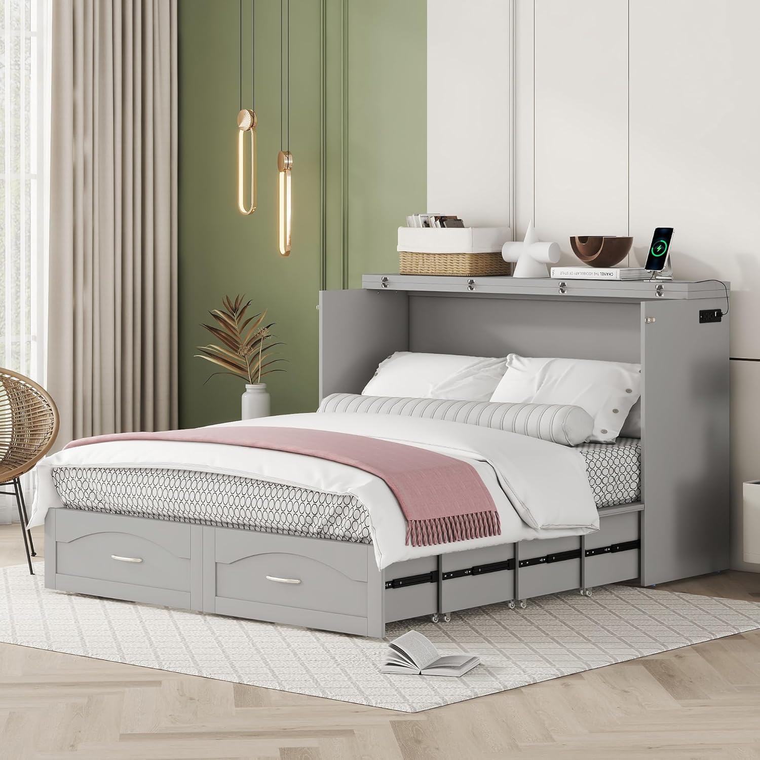 Gray Queen Size Murphy Bed with Storage Drawers P963