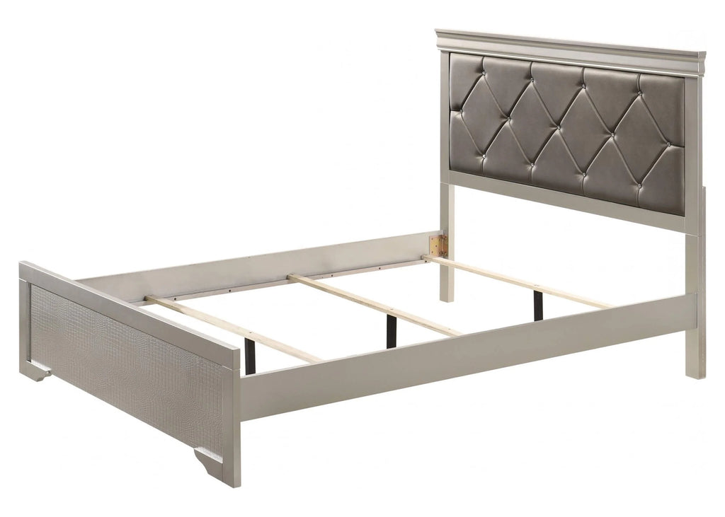 Silver Finish King Size Panel Upholstered Bed Dresser Mirror Nightstand Chest Set O4599