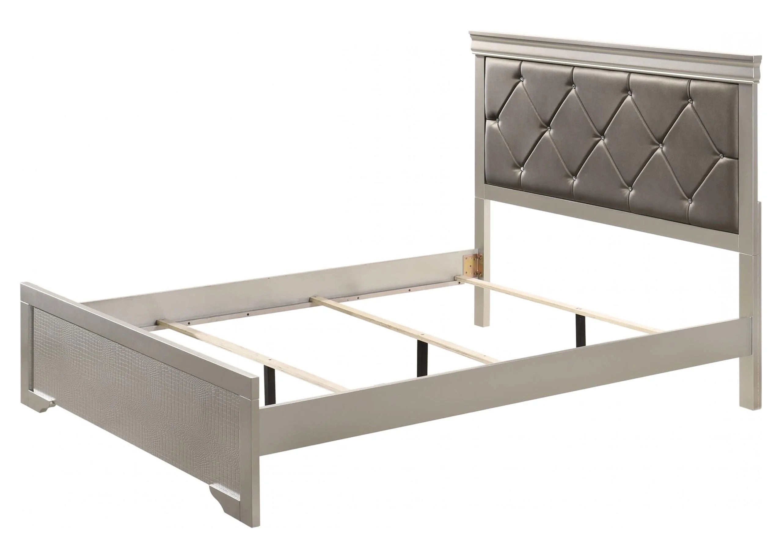 Silver Finish King Size Panel Upholstered Bed Dresser Mirror Nightstand Chest Set O4599
