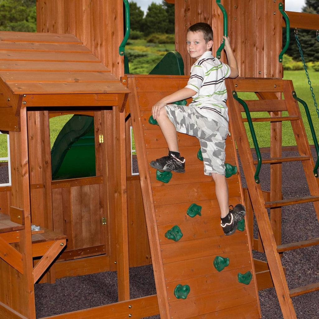 All Cedar Wooden Swing Set with 2 Belt Swings, Trapeze Bar, 10 ft Wave Slide, Playhouse, Play Kitchen, Rock Wall, Bench K605
