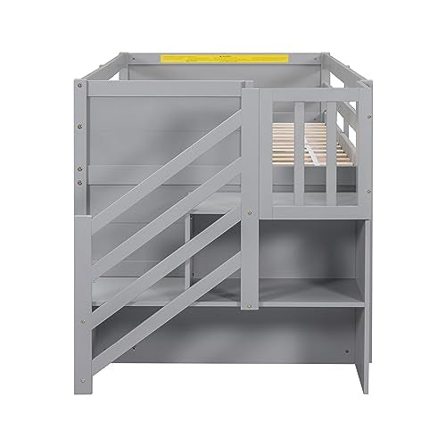 Twin Size Wooden Loft Bed with Stairs, Drawers and Shelves, Grey Z29103