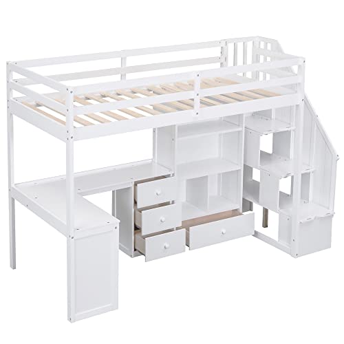 Twin Size Wood Loft Bed with Storage Stairs P64175