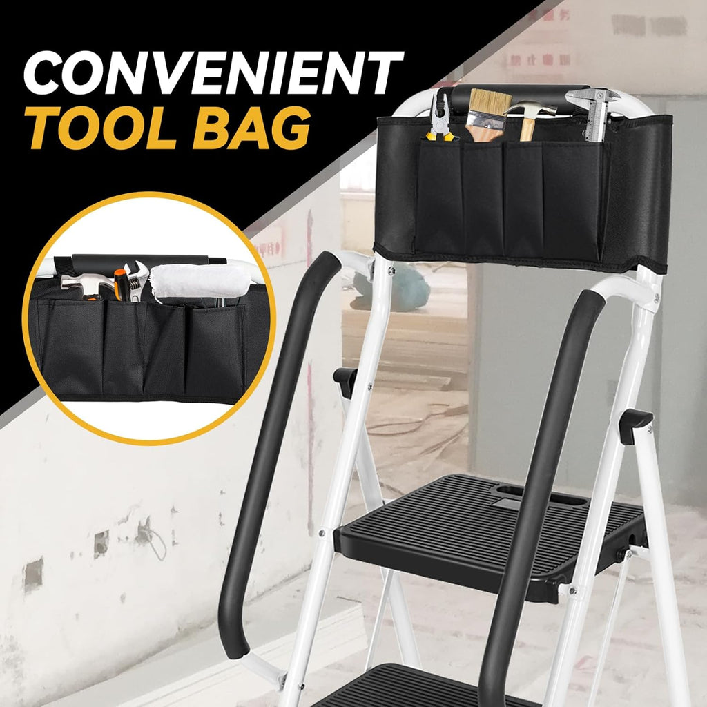 White 3 Step Ladder with Handrails & Attachable Tool Bag, 500 lbs Folding Step Stool K135