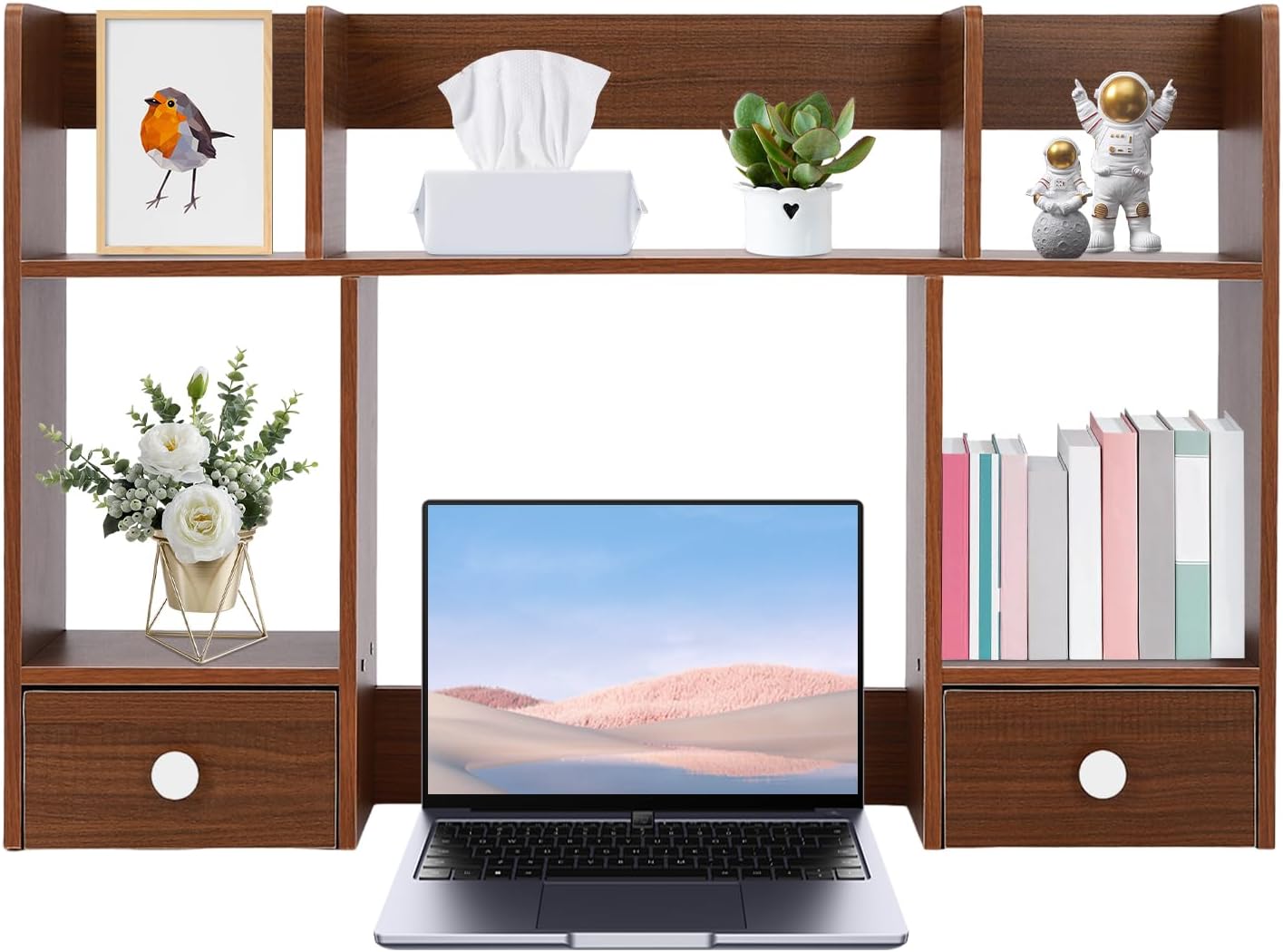 Dark Walnut Wood Desk Hutch with 2 Drawers V414