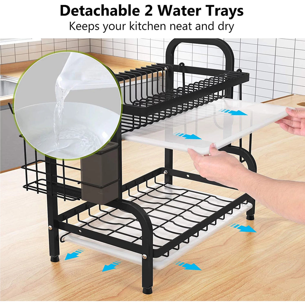 Adjustable 2-Tier Large Dish Drying Rack with Cutting Board Holder B458659