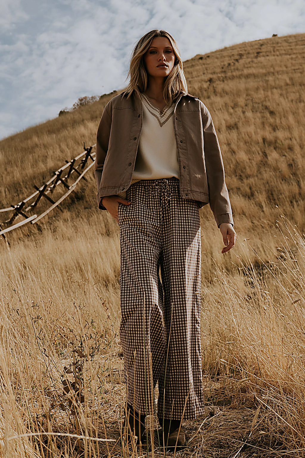 Brown Gingham Wide Leg Pants N24382